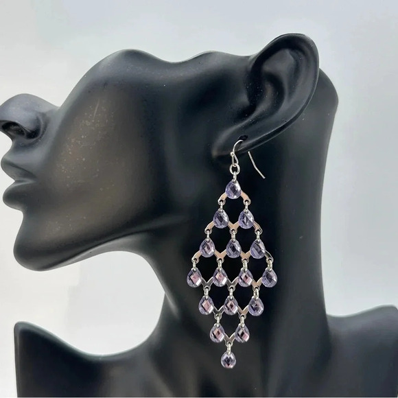 Chandelier Earrings Purple Dangle Gems Faceted Silver-tone Periwinkle 3”… - Picture 6 of 11